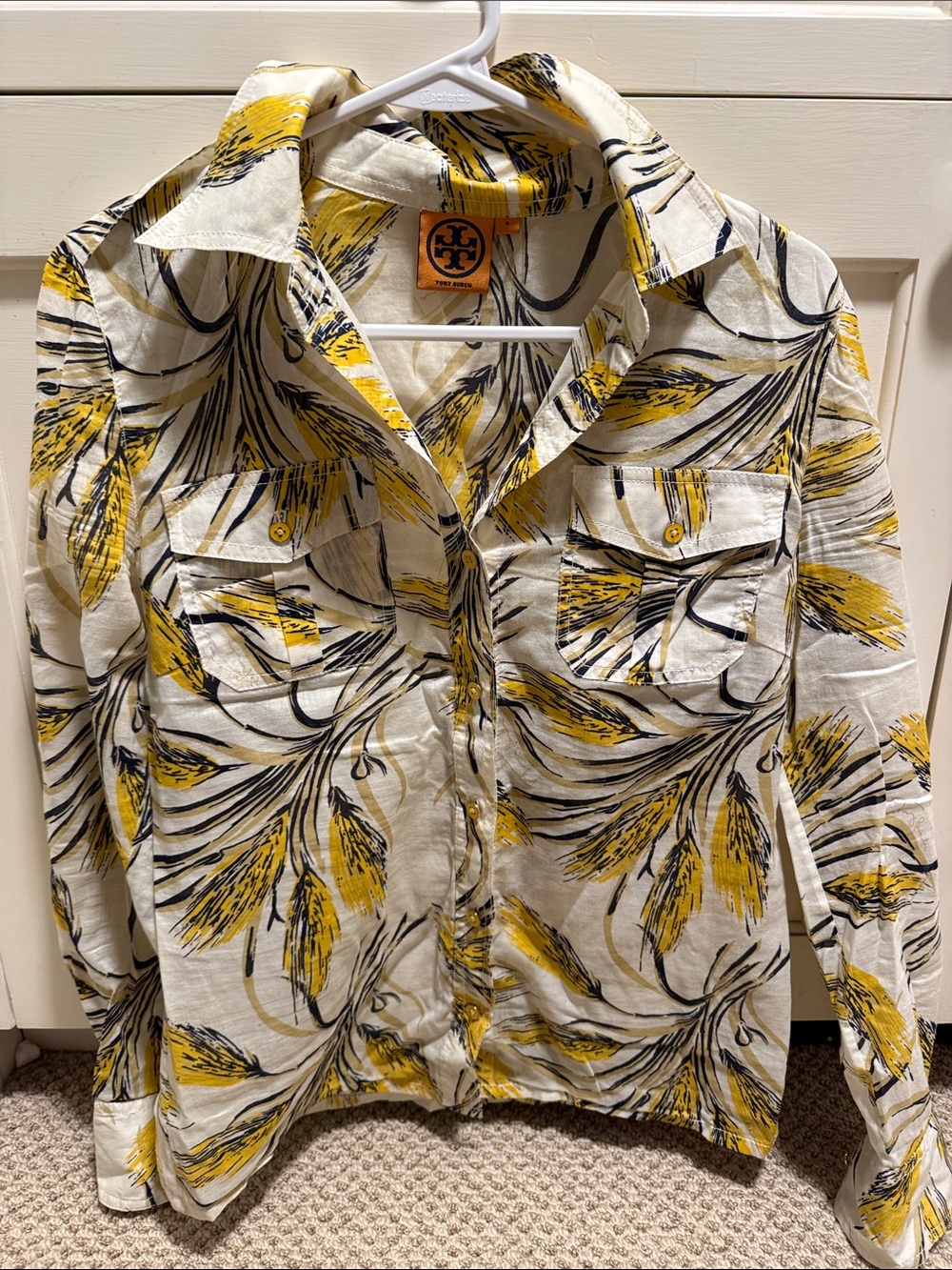 Tory Burch Yellow and Black Floral-Print Button-Down Shirt